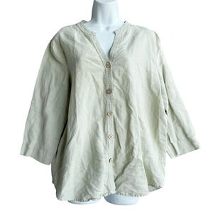 HOT COTTON Linen Top Size 12 Soft Sage V-Neck 3/4 Sleeve Coastal Blouse